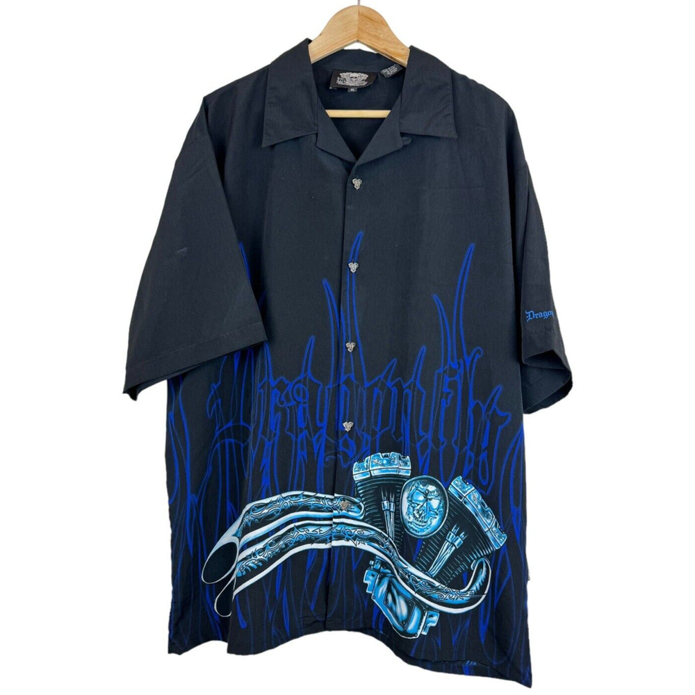 Dragonfly Blue Motor Engine Pistons Flames‎ Men's XL Black/Blue Relaxed Casino